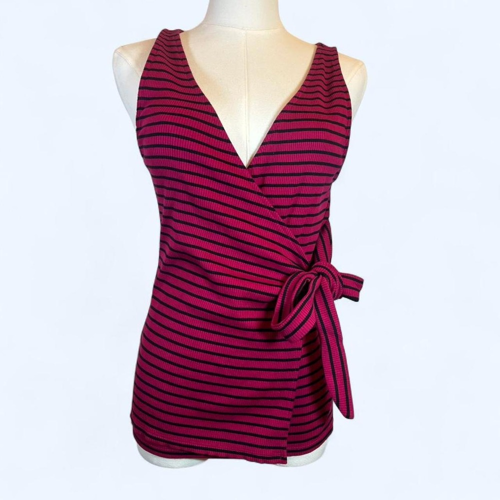 Express Womens Magenta Black Striped Ribbed Wrap Side Tie Tank Top Med NWT
